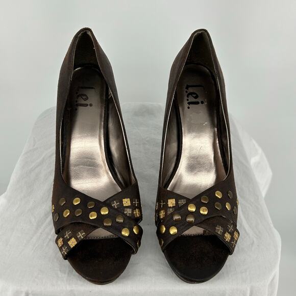 Vintage y2k Women's Brown Gold Studded LEI Stash Strappy Heel Pumps Sz 10M - Picture 3 of 8